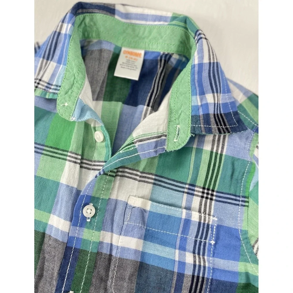 Gymboree Summer Picnic Boys Short Sleeve Button Down Plaid Shirt‎ Size Small 5/6